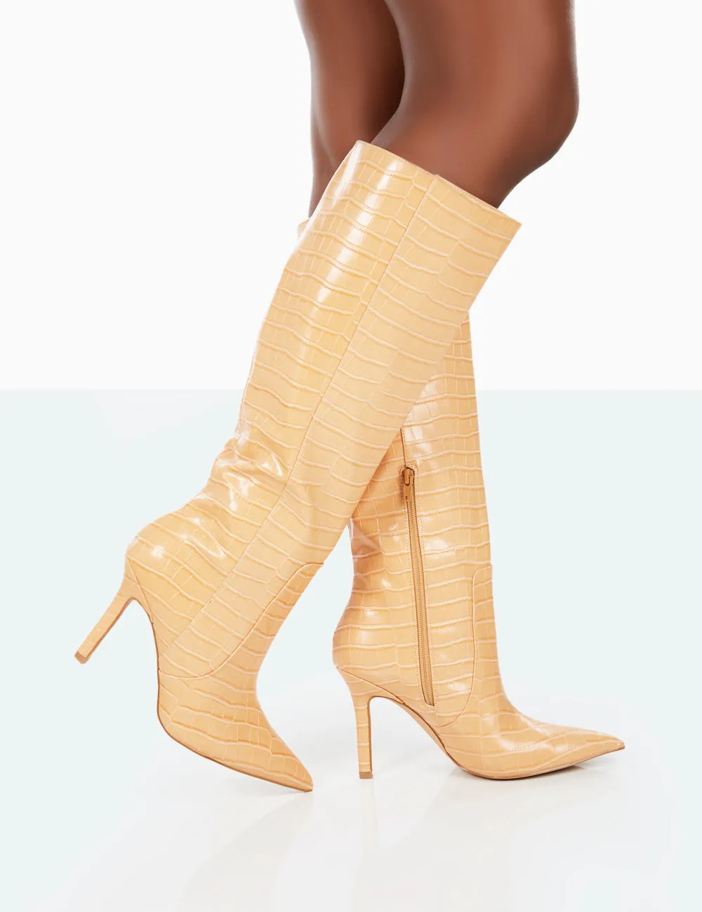 Best Believe Caramel Croc Pointed Toe Stiletto Heeled Knee High Boots