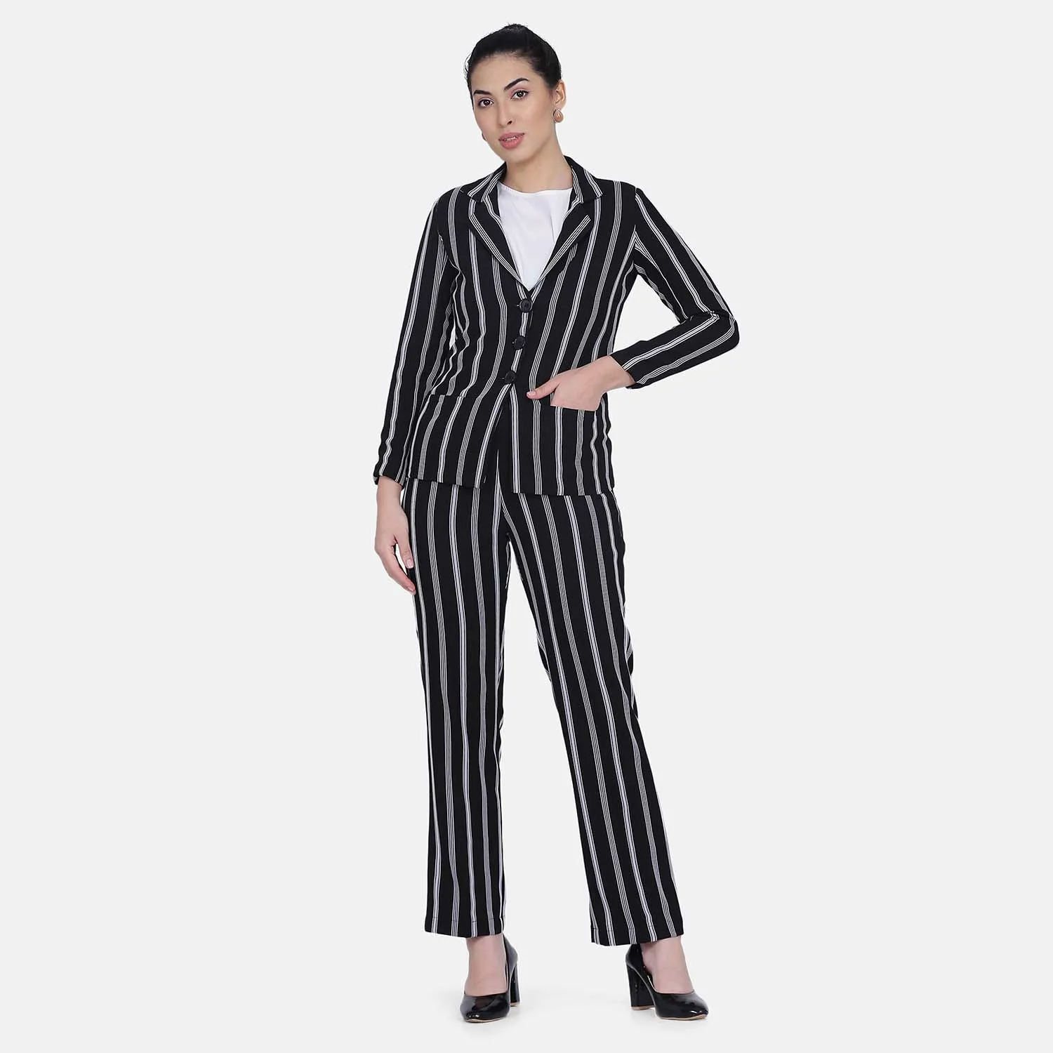 Black Striped  Women's Formal Poly Crepe Pant suit