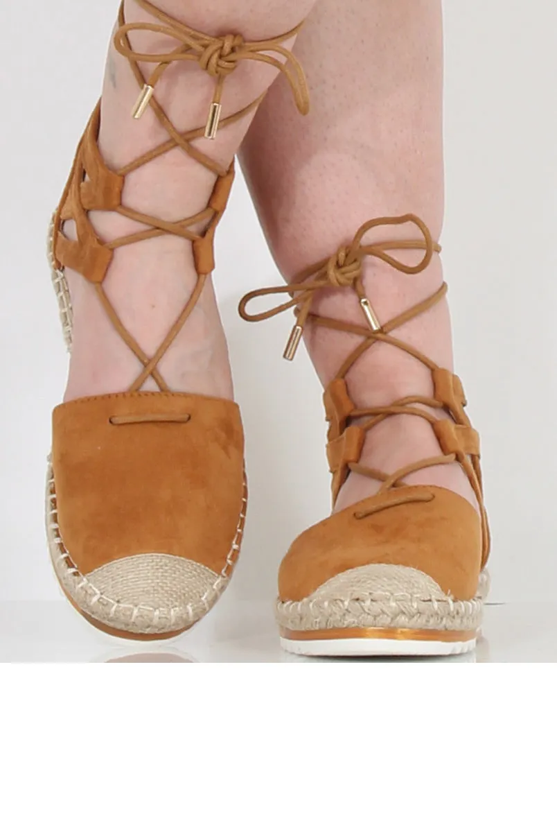 Camel Suede Lace Up Espadrilles - Marisa