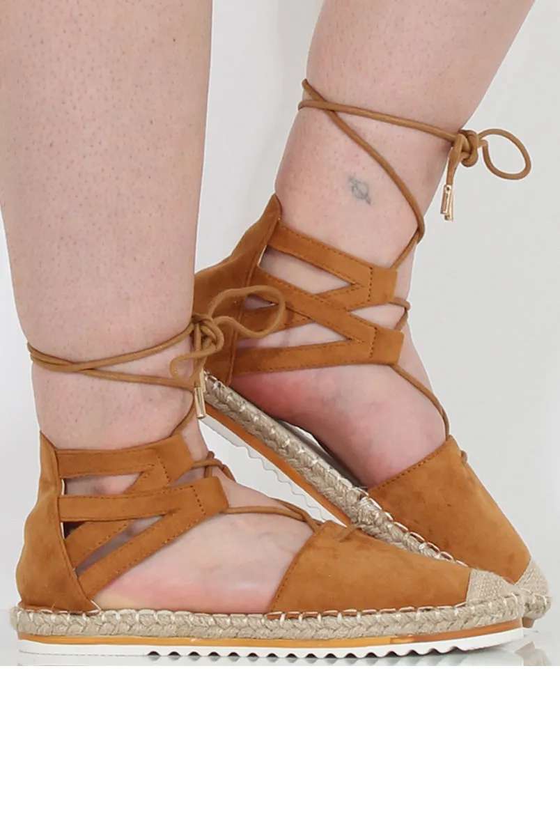 Camel Suede Lace Up Espadrilles - Marisa