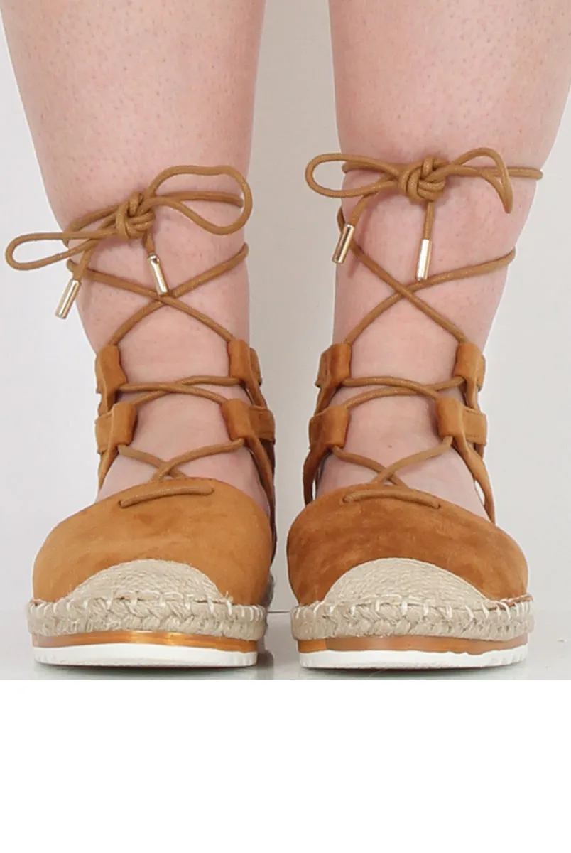 Camel Suede Lace Up Espadrilles - Marisa