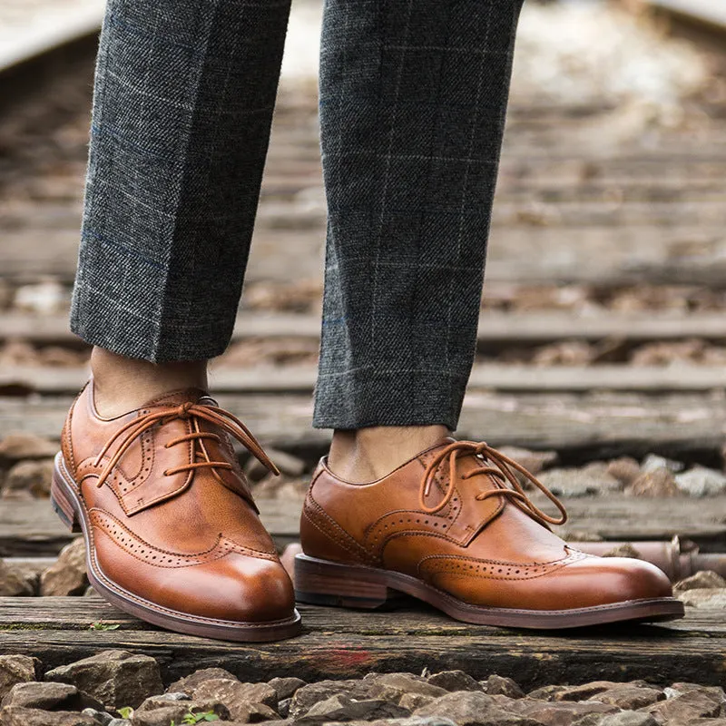 Carved Men's Leather Shoes Vintage Old Derby Men