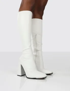 Caryn White PU Block Heeled Knee High Boots