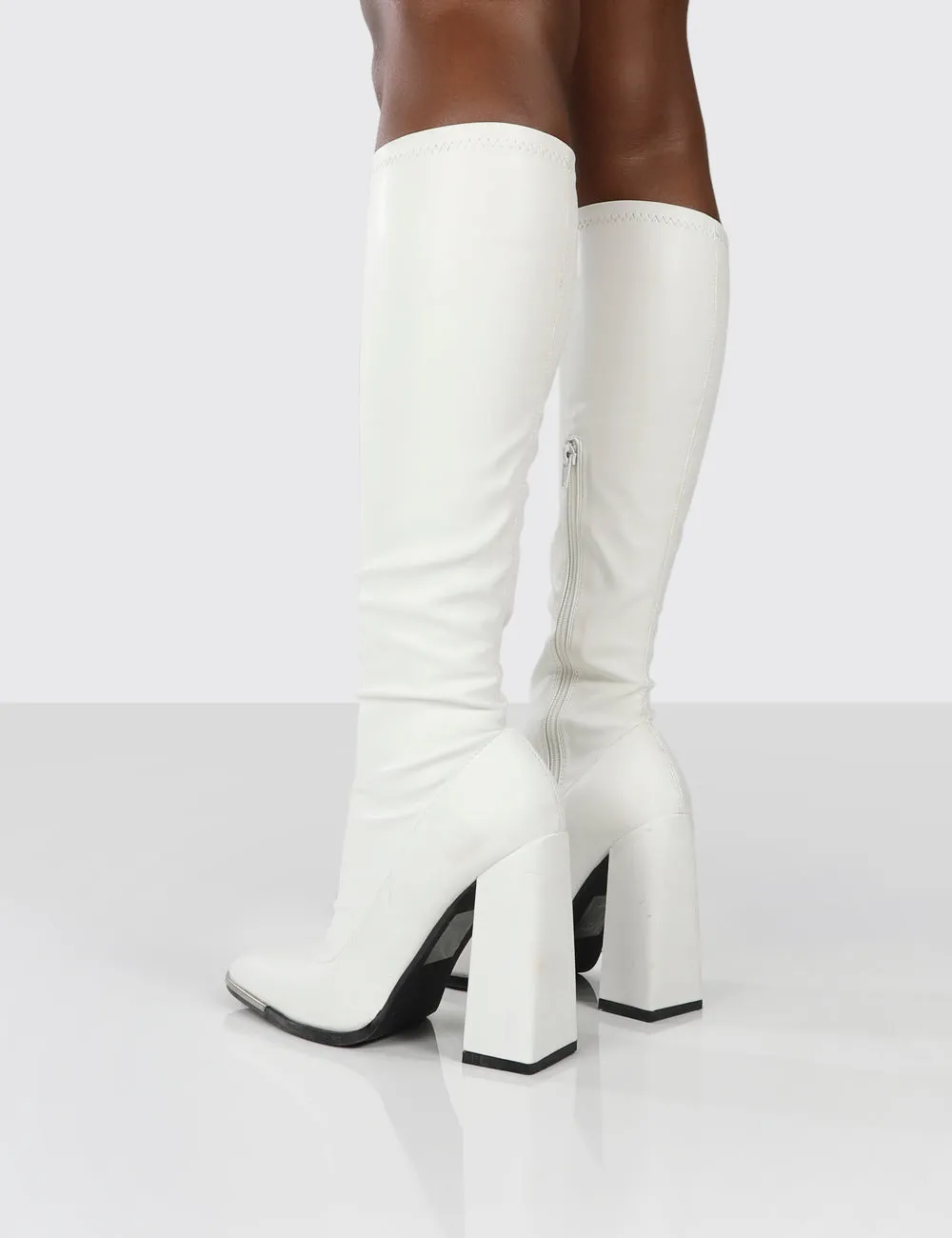 Caryn White PU Block Heeled Knee High Boots