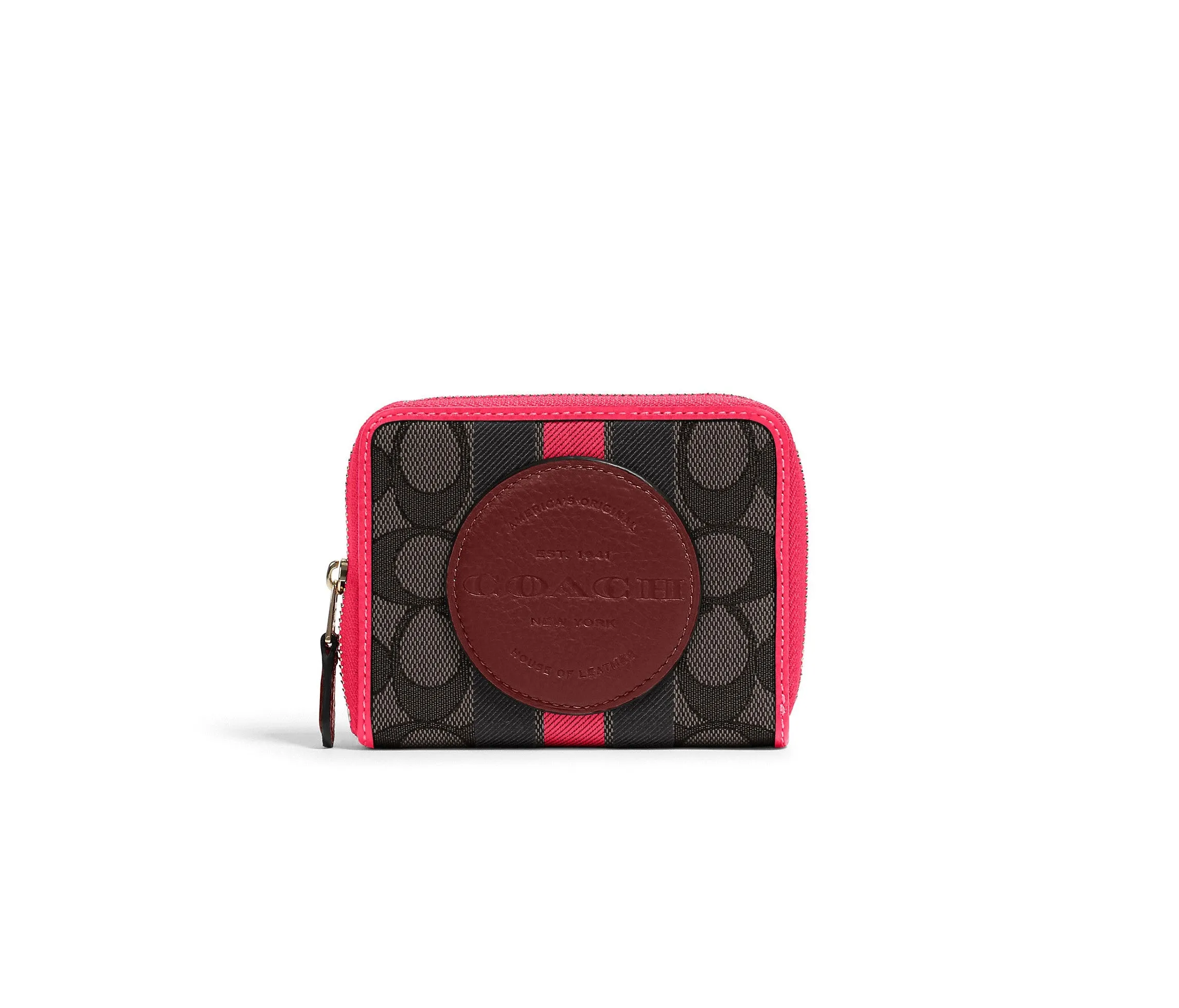 Coach Women's Black & Wine Multi Dempsey Small Zip Around Wallet In Signature Jacquard With Stripe And Coach Patch