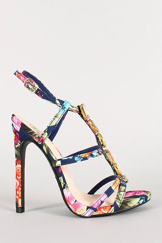 Delicious Floral Jeweled Caged Open Toe Heel