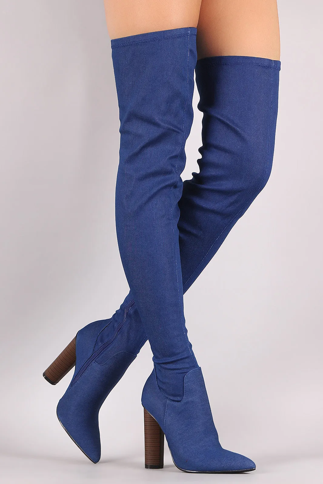 Denim Fitted Pointy Toe Round Heeled OTK Boots