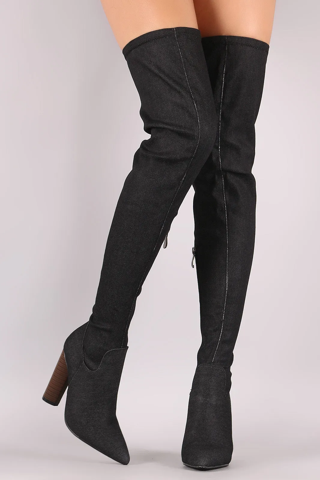 Denim Fitted Pointy Toe Round Heeled OTK Boots