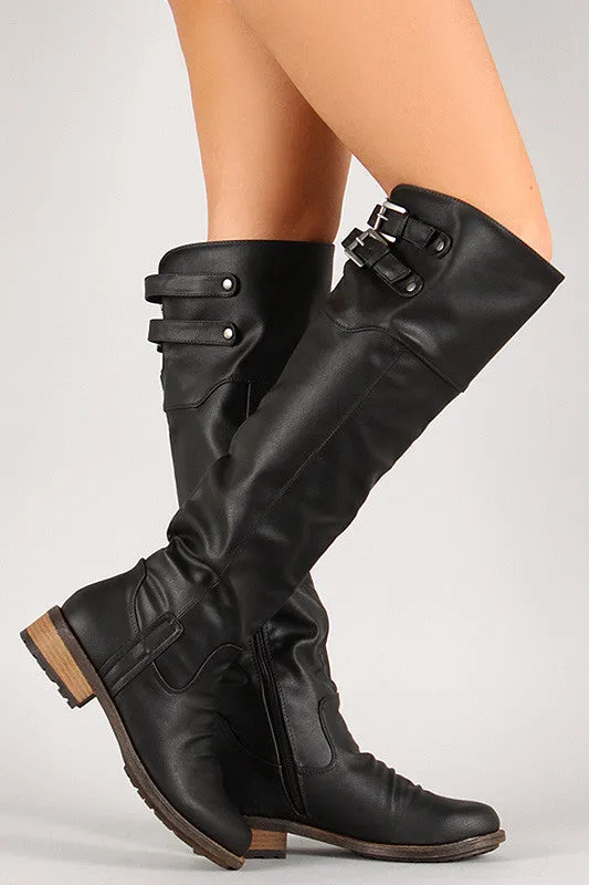 Distressed Buckle Round Toe Riding Knee High Boot