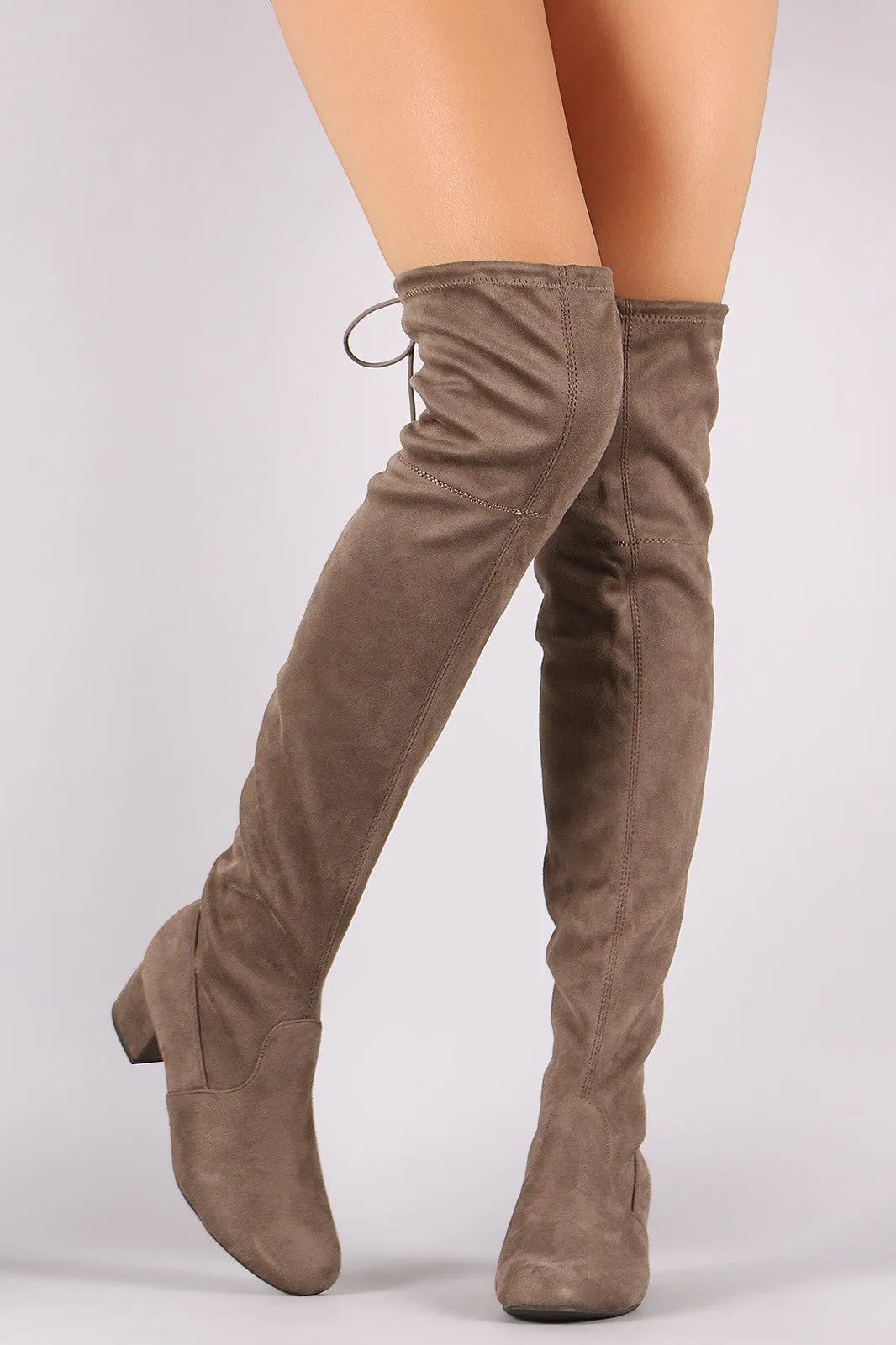 Drawstring-Tie Suede Block Heeled Over-The-Knee Boots