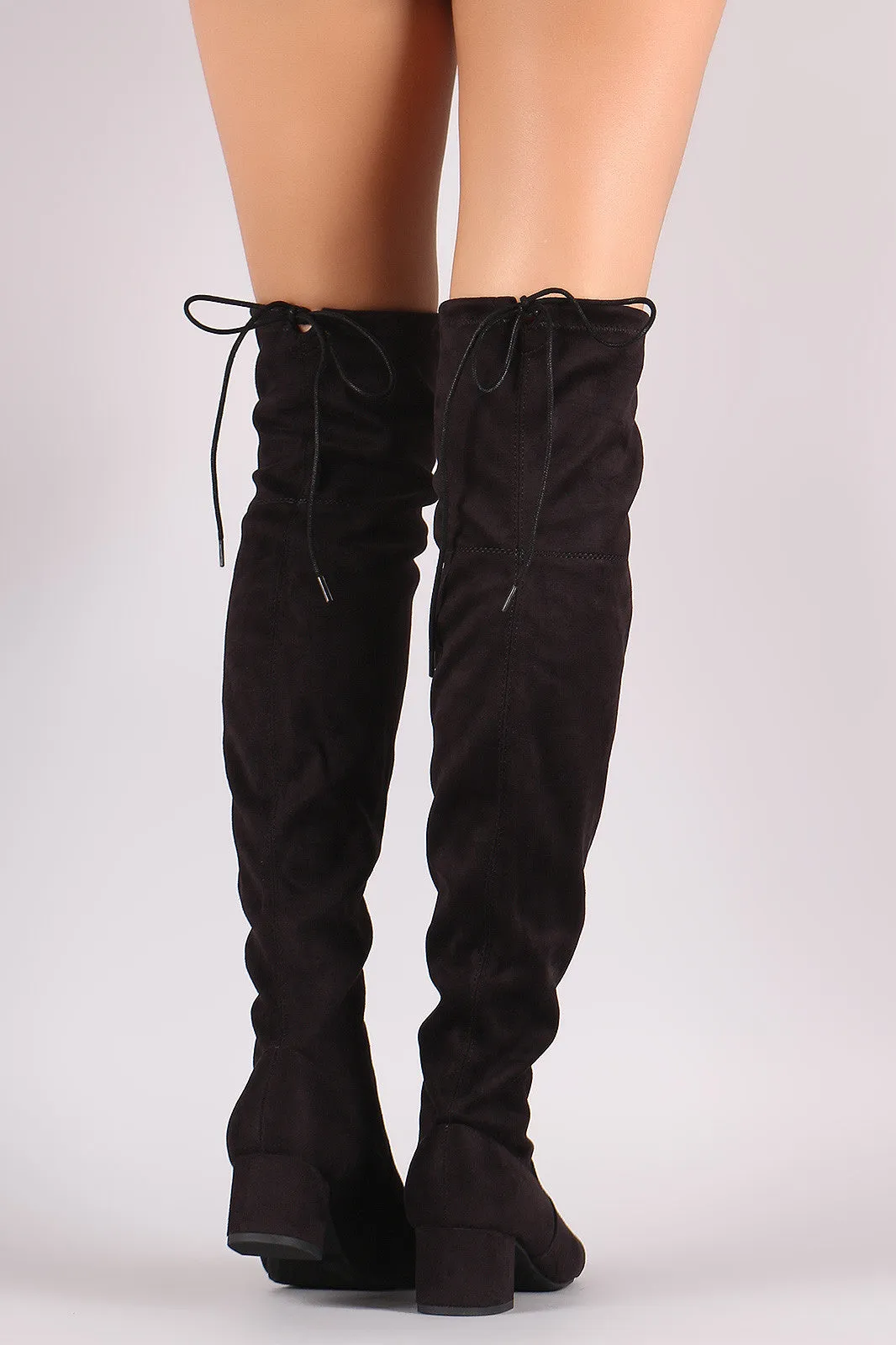 Drawstring-Tie Suede Block Heeled Over-The-Knee Boots