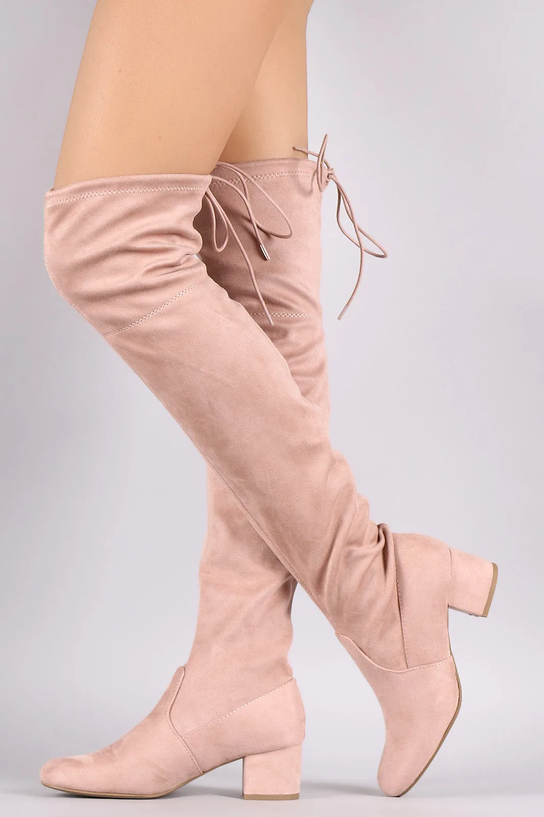 Drawstring-Tie Suede Block Heeled Over-The-Knee Boots