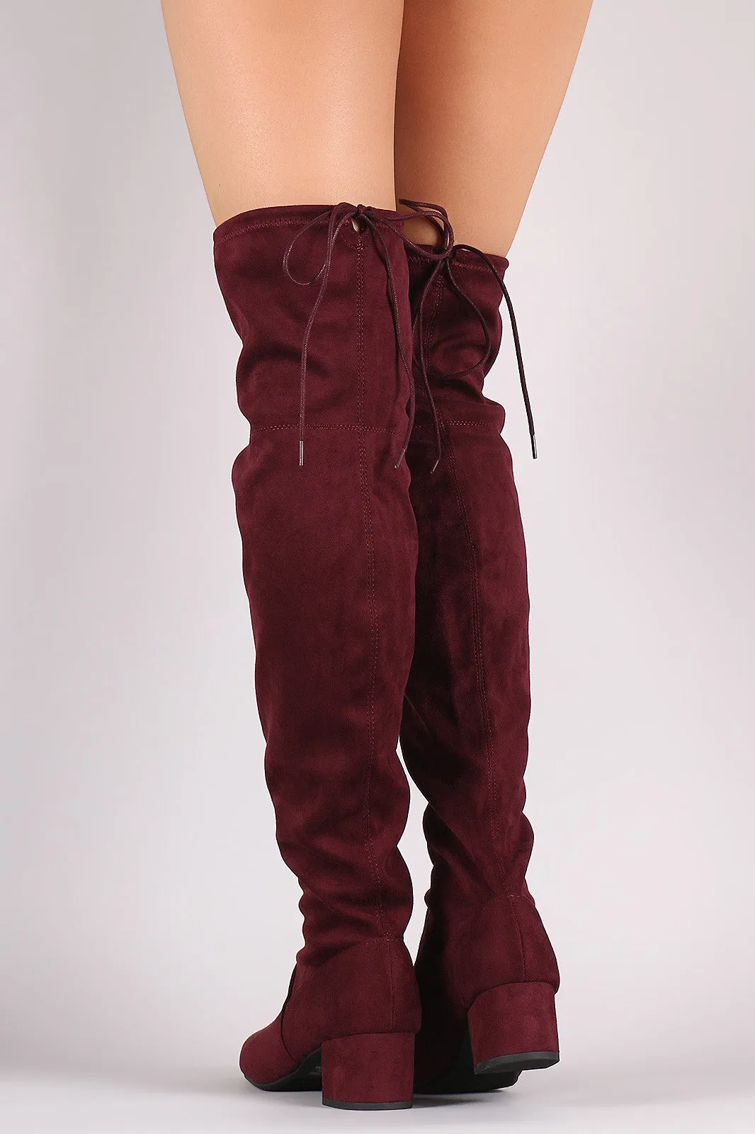 Drawstring-Tie Suede Block Heeled Over-The-Knee Boots