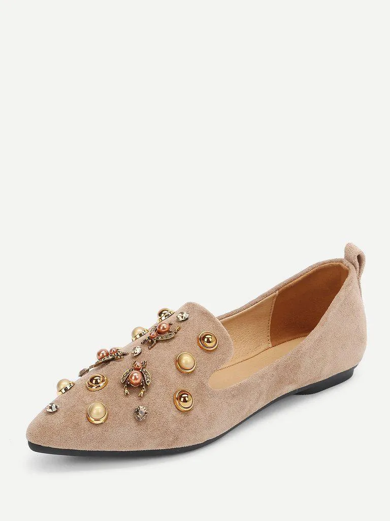 Faux Pearl Decorated Pointed Toe Flats