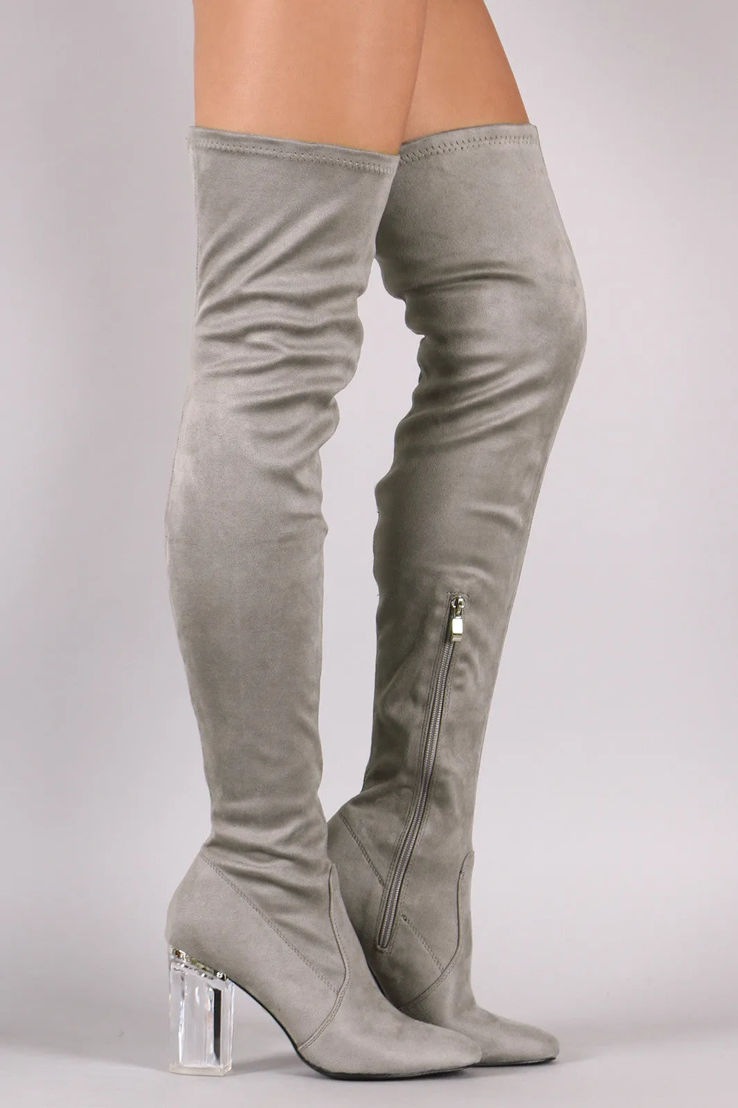 Fitted Suede Lucite Chunky Heeled Over-The-Knee Boots