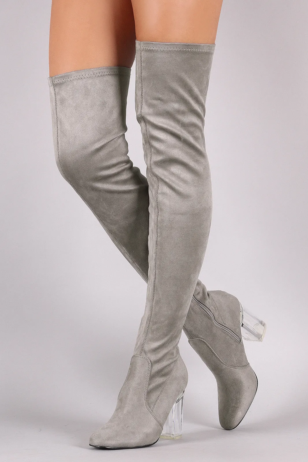 Fitted Suede Lucite Chunky Heeled Over-The-Knee Boots