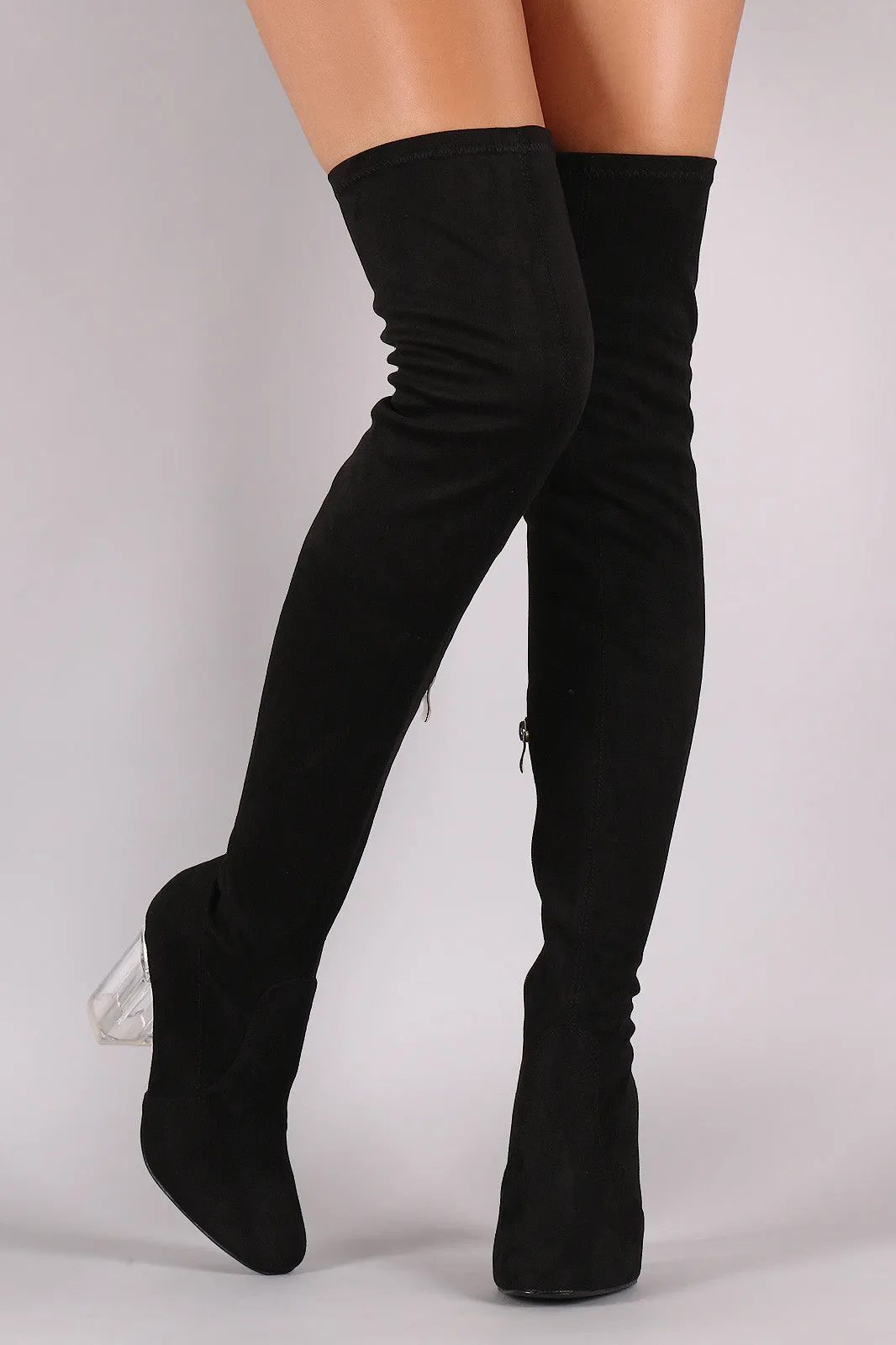 Fitted Suede Lucite Chunky Heeled Over-The-Knee Boots