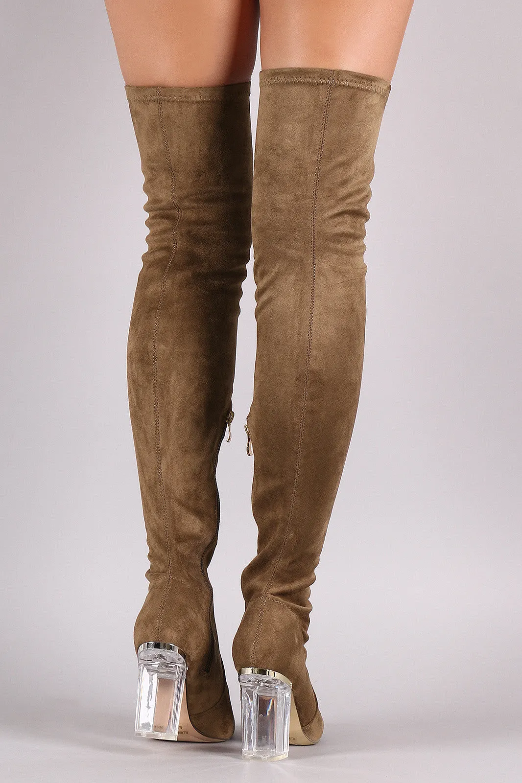 Fitted Suede Lucite Chunky Heeled Over-The-Knee Boots