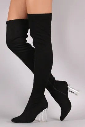 Fitted Suede Lucite Chunky Heeled Over-The-Knee Boots