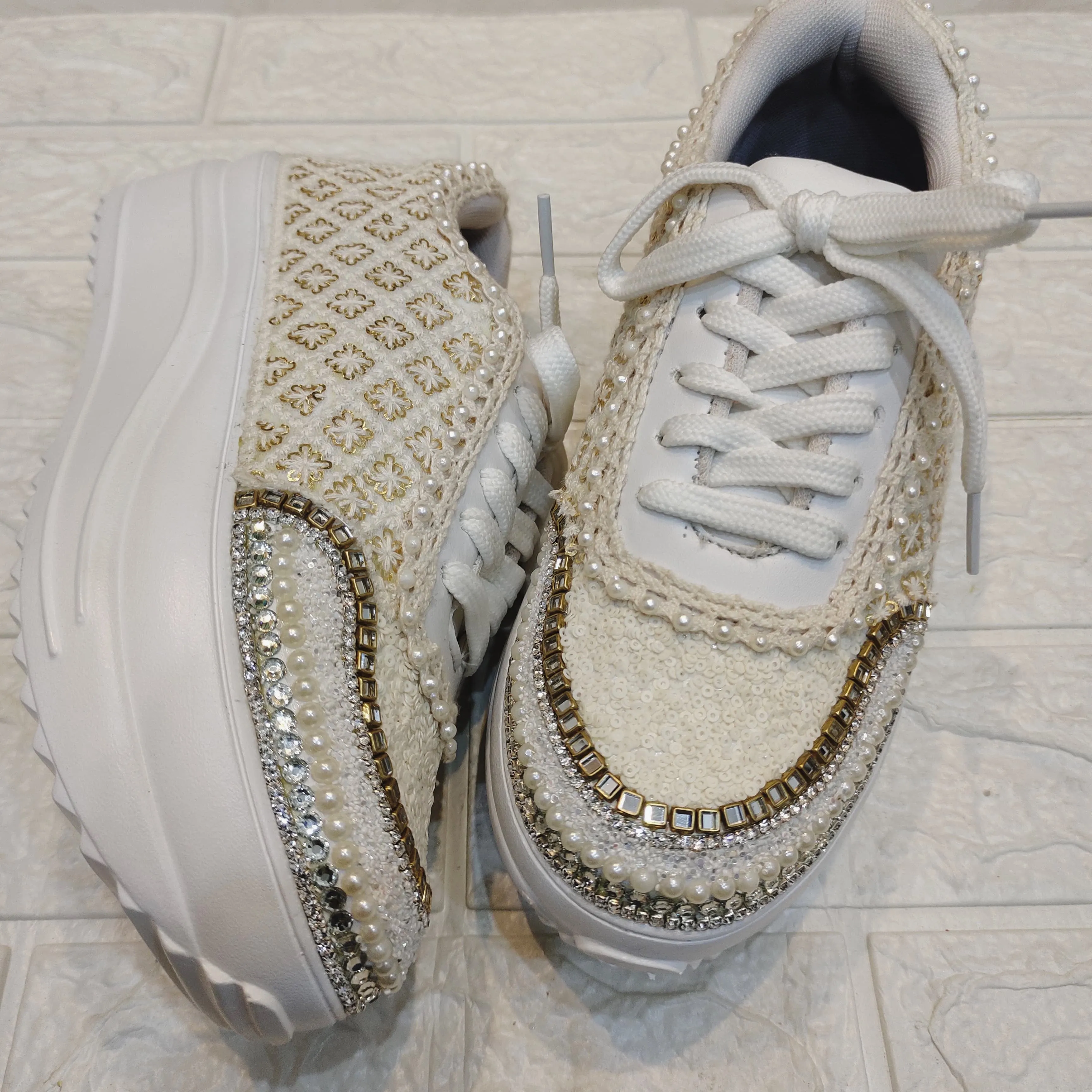 Funky N Trendy ivory / off white embroidery work bridal sneakers/ bridesmaid sneaker / hancrafted sneakers / gold sneakers / golden sneakers/ ivory sneakers