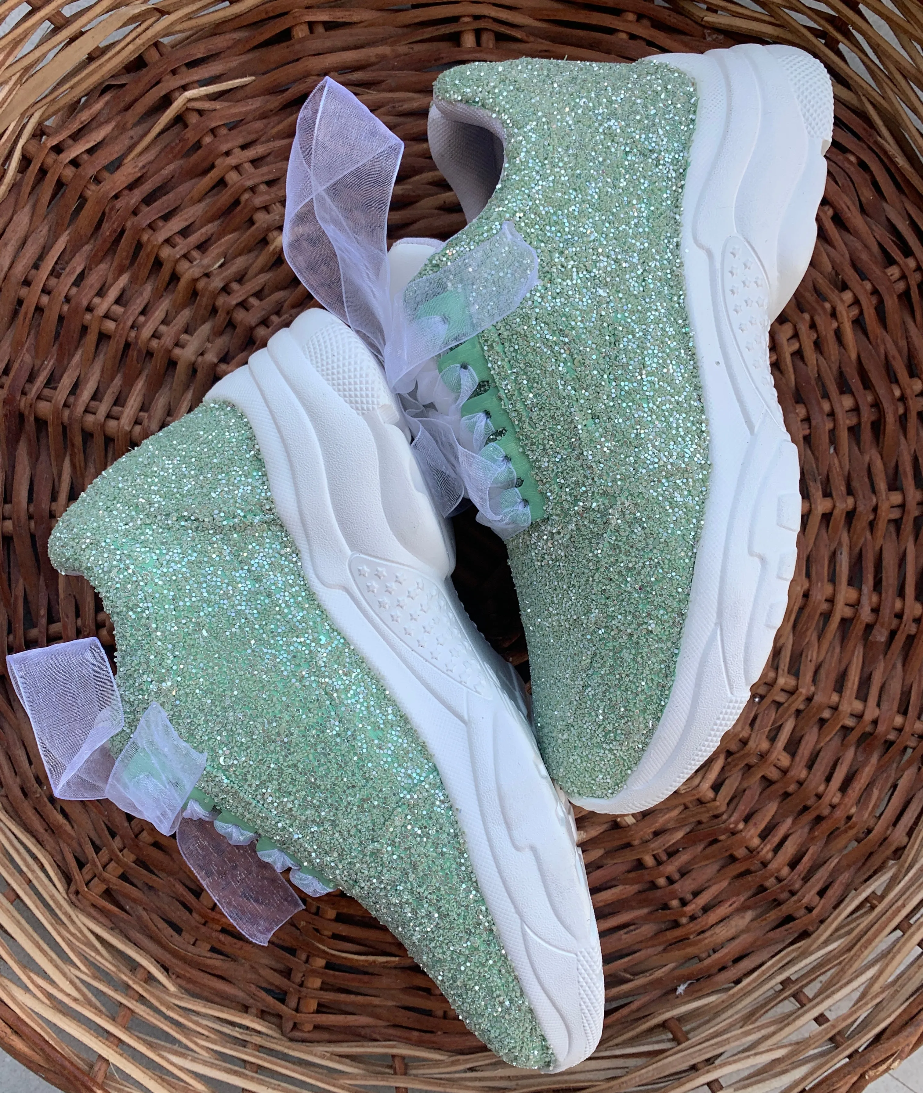 FUNKY N TRENDY saga green glitter sneakers for brides /bridesmaids / sneakers for bridesmaids/ handcrafted sneakers/ glitter sneakers / bridal sneakers / bridesmaid sneakers/ green sneakers / green shoes