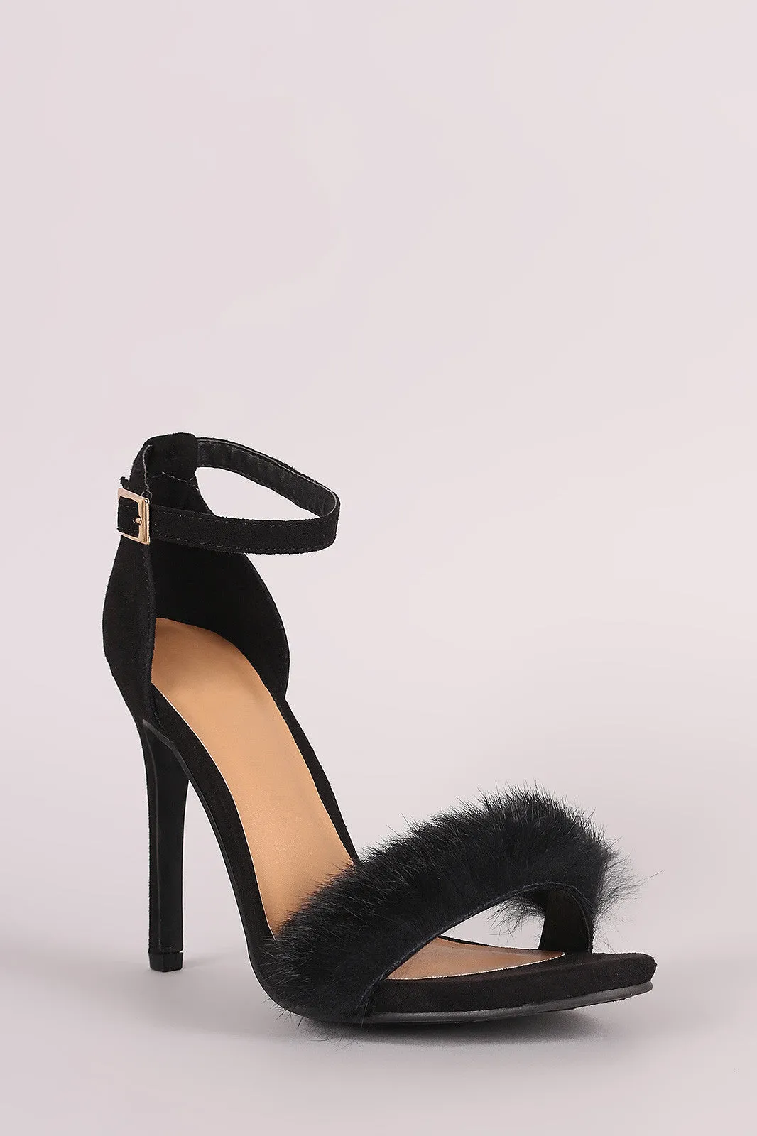 Furry One Band Ankle Strap Stiletto Heel