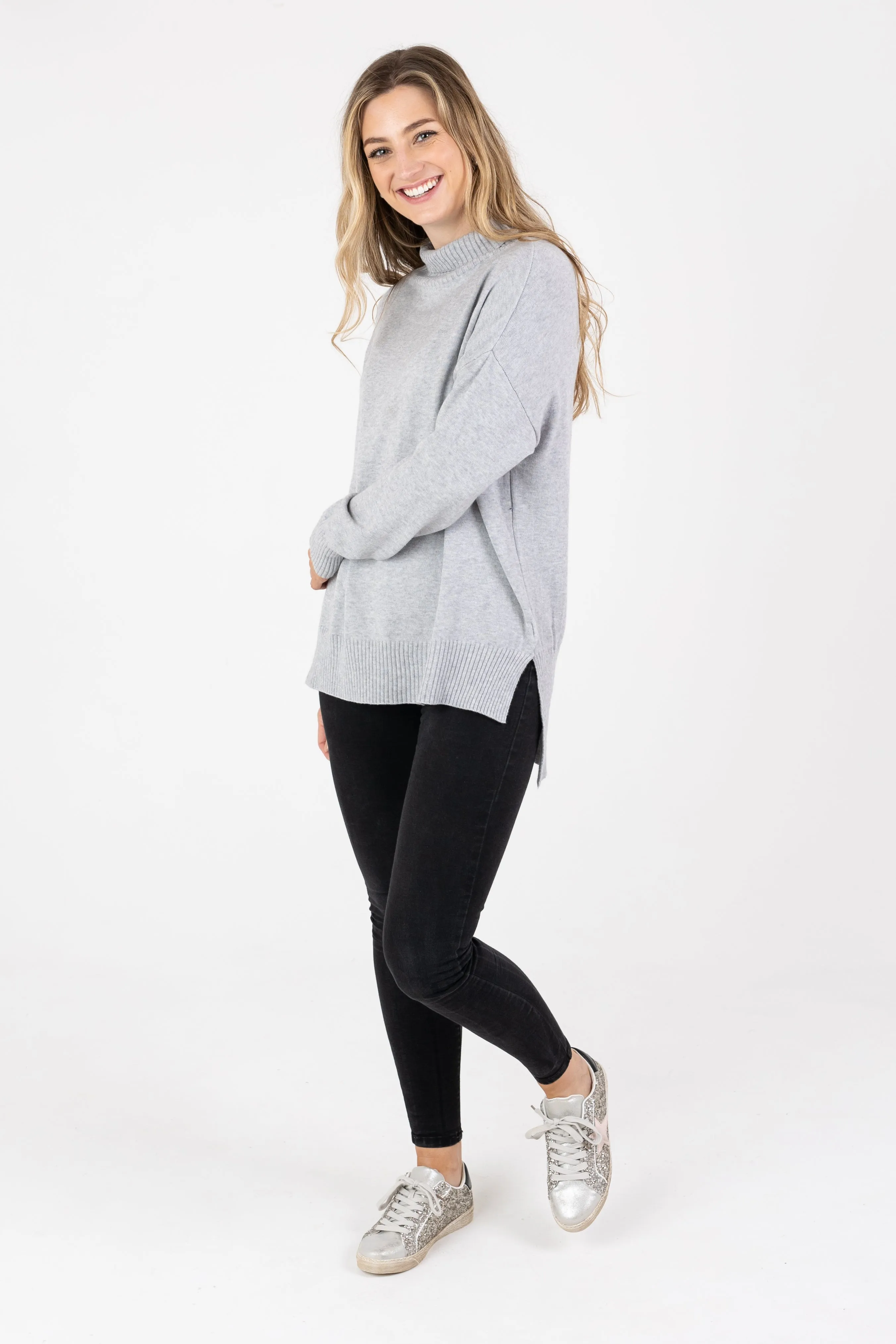 Grey High Neck Plain Jumper