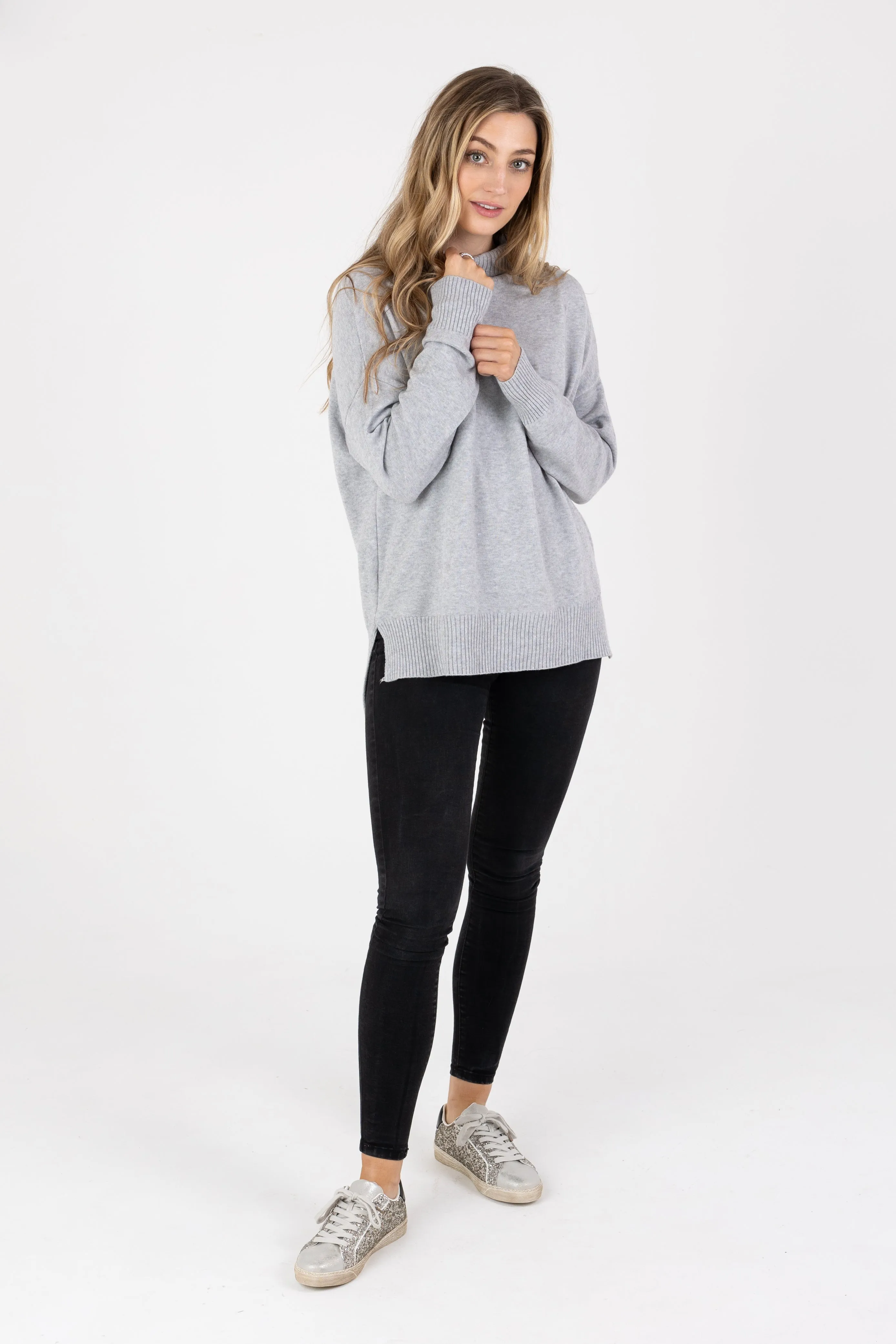 Grey High Neck Plain Jumper