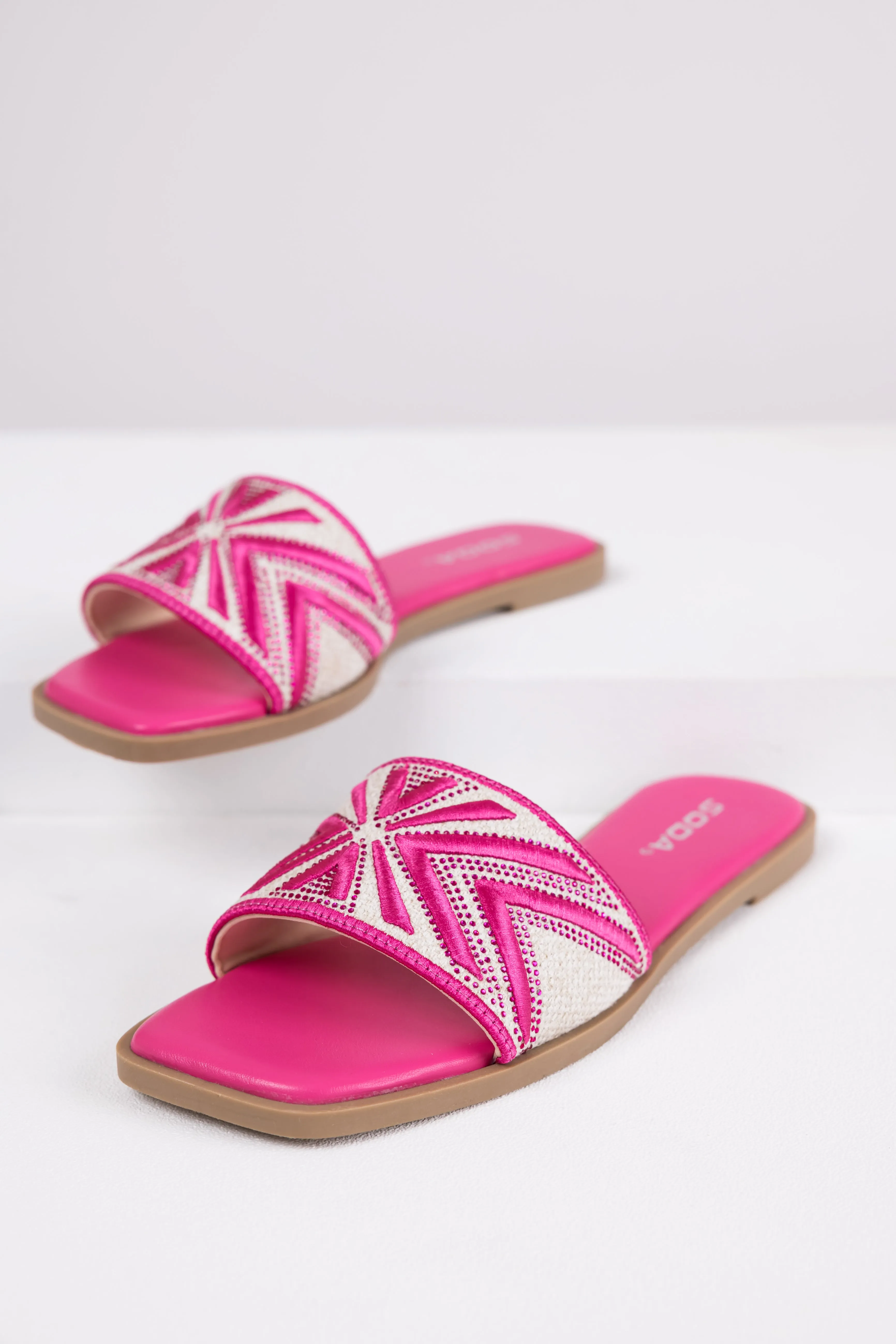 Hot Pink Aztec Band Square Toe Slide Sandals