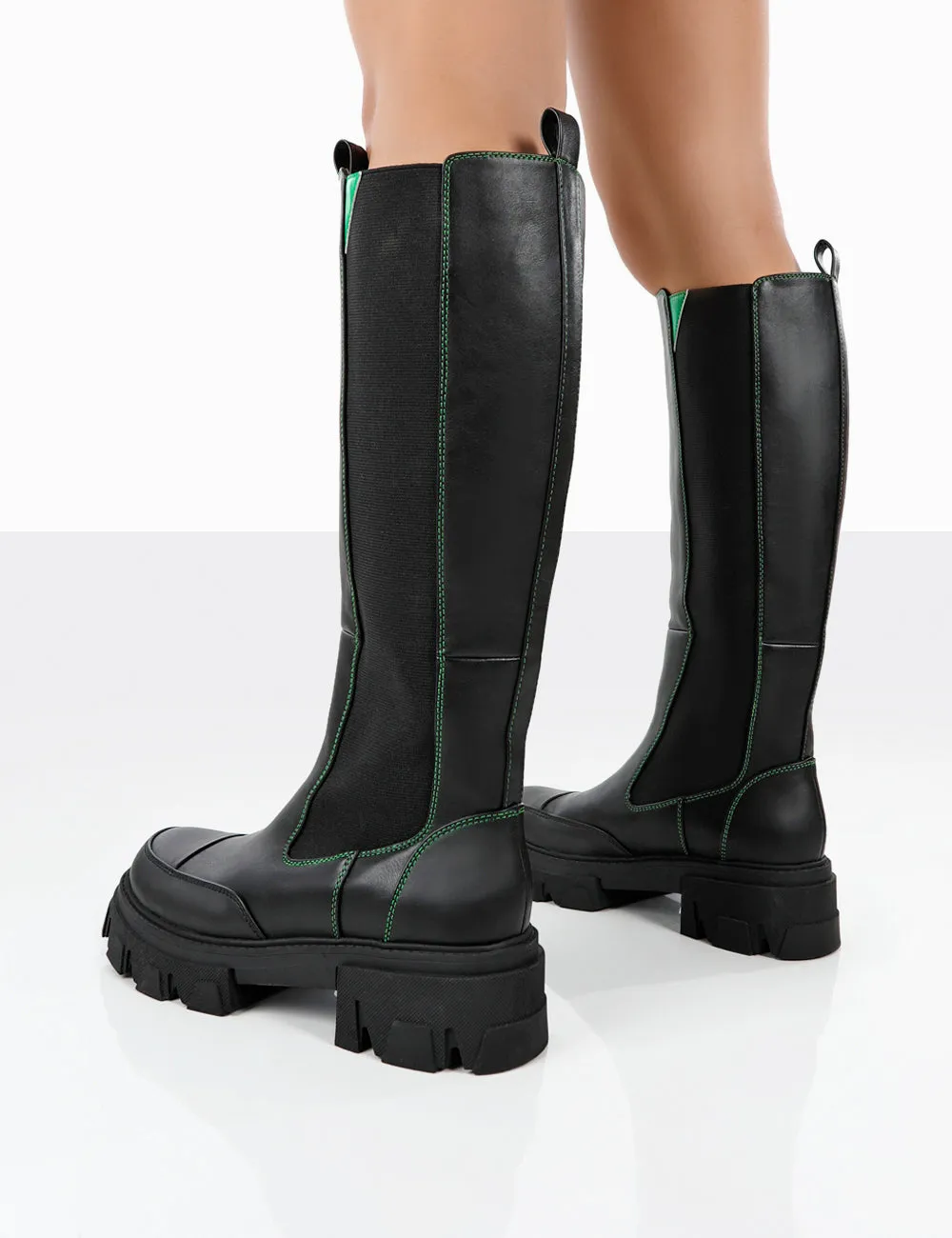 Kenza X Public Desire Survive Black Pu Chunky Sole Green Upper Knee High Boots