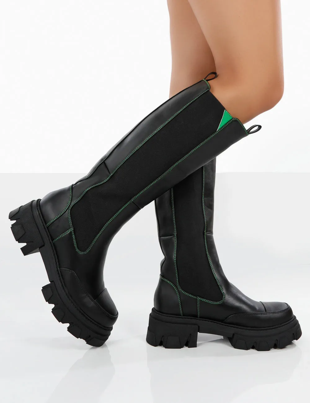 Kenza X Public Desire Survive Black Pu Chunky Sole Green Upper Knee High Boots