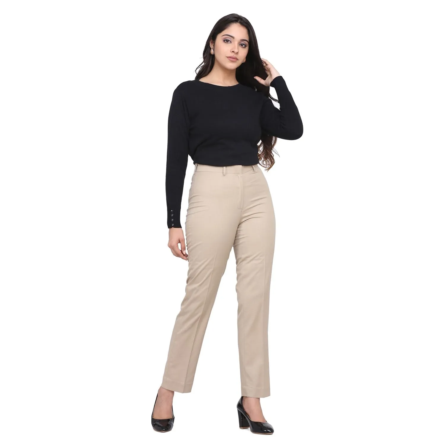 Ladies Regular Fit Beige Poly Cotton Pants