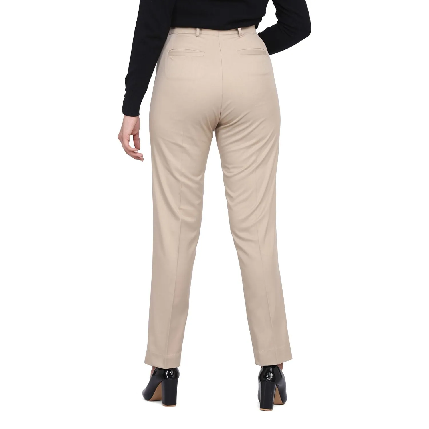 Ladies Regular Fit Beige Poly Cotton Pants