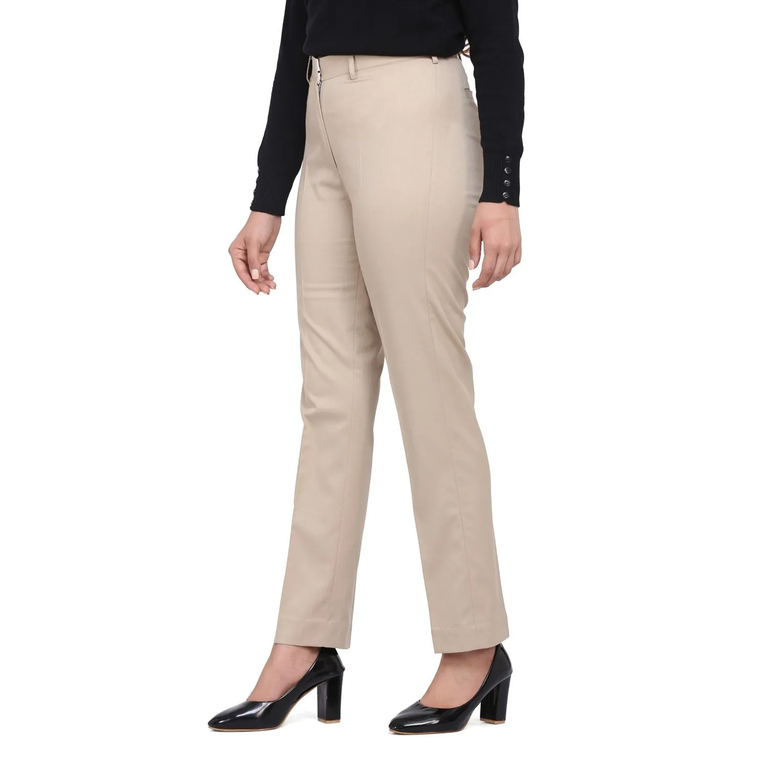 Ladies Regular Fit Beige Poly Cotton Pants