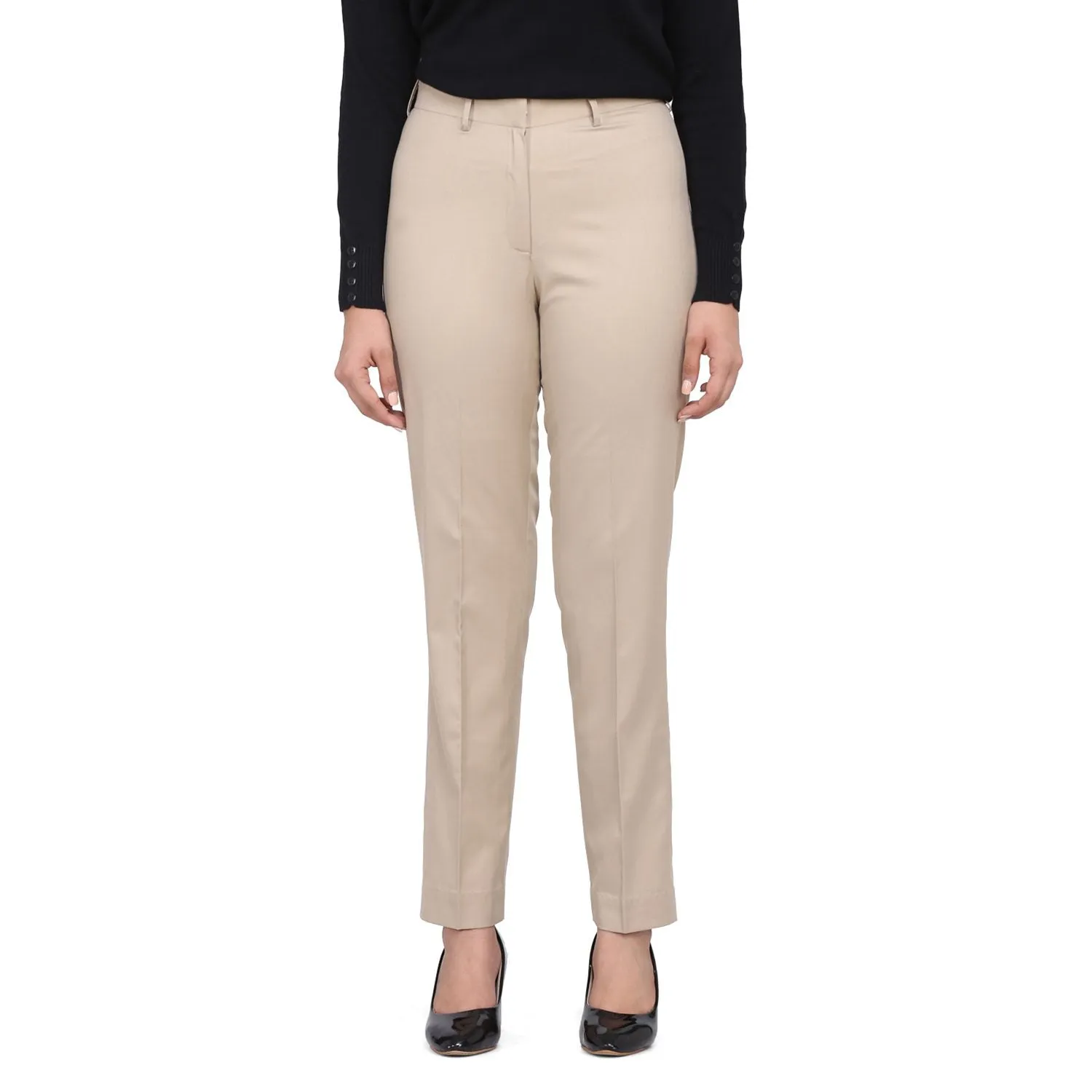 Ladies Regular Fit Beige Poly Cotton Pants