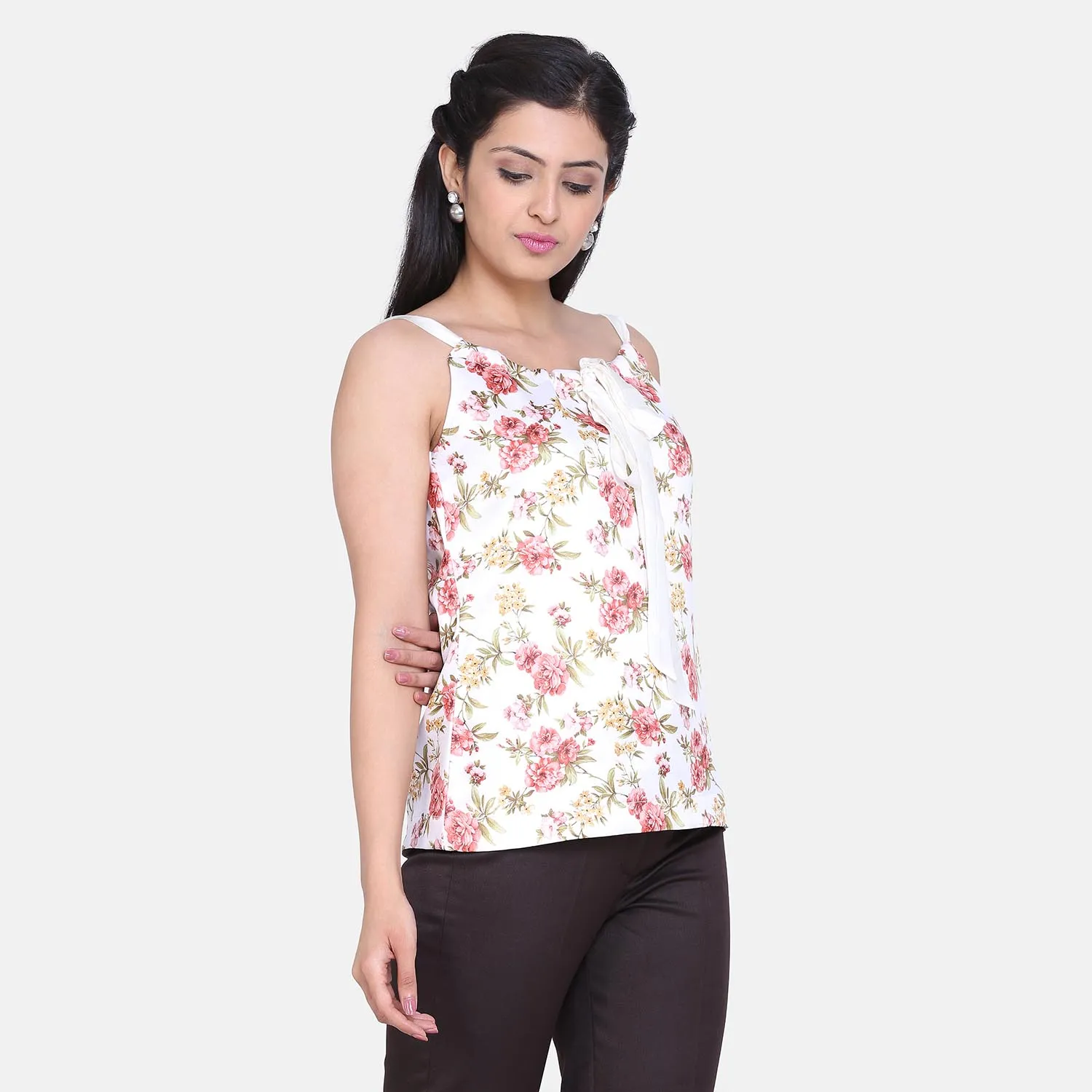 Off White Floral Print Satin Front Tie Ruched  ladies Top