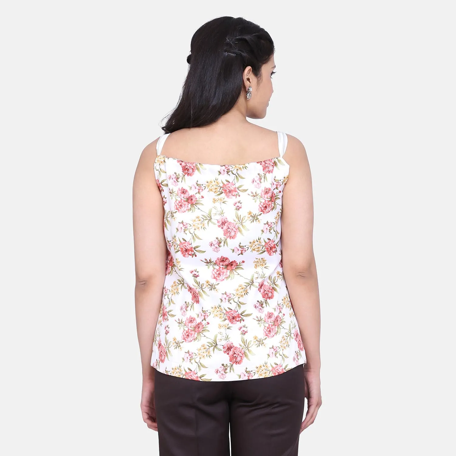 Off White Floral Print Satin Front Tie Ruched  ladies Top