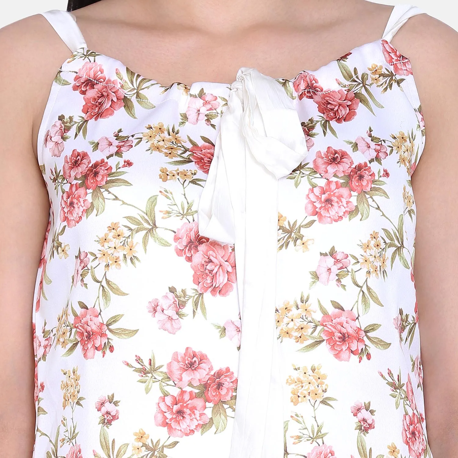 Off White Floral Print Satin Front Tie Ruched  ladies Top