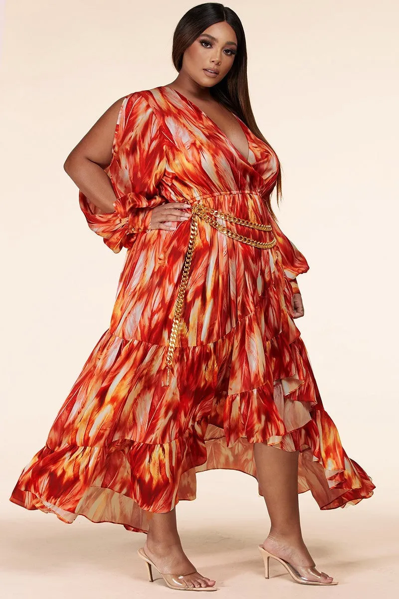 Plus-Size Fire Print Long Sleeve Maxi Dress