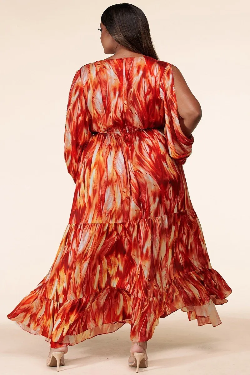 Plus-Size Fire Print Long Sleeve Maxi Dress