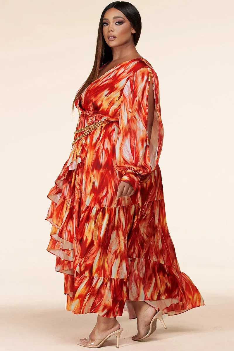 Plus-Size Fire Print Long Sleeve Maxi Dress