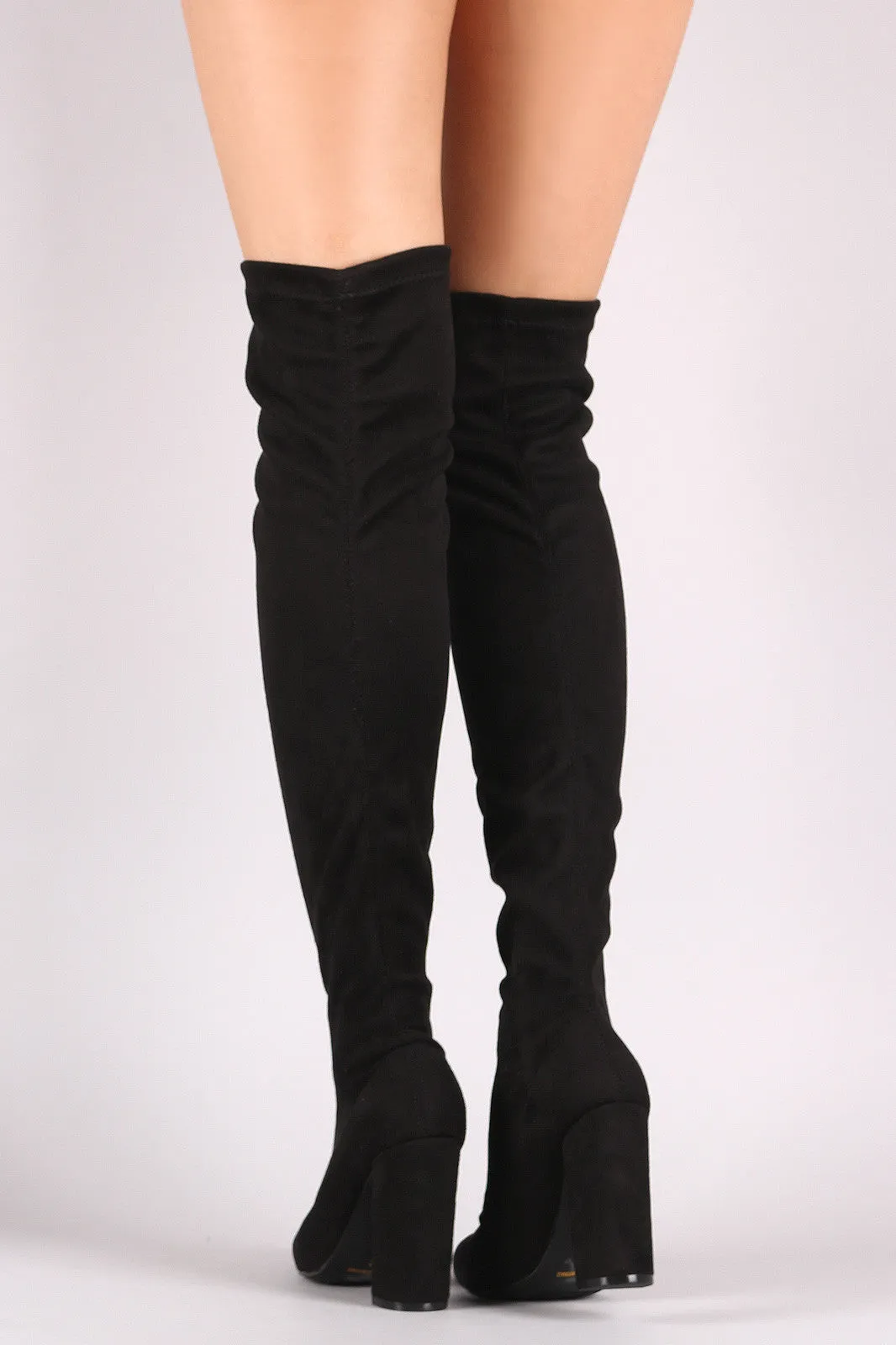 Qupid Fitted Suede Pointy Toe Chunky Heeled Over-The-Knee Boots