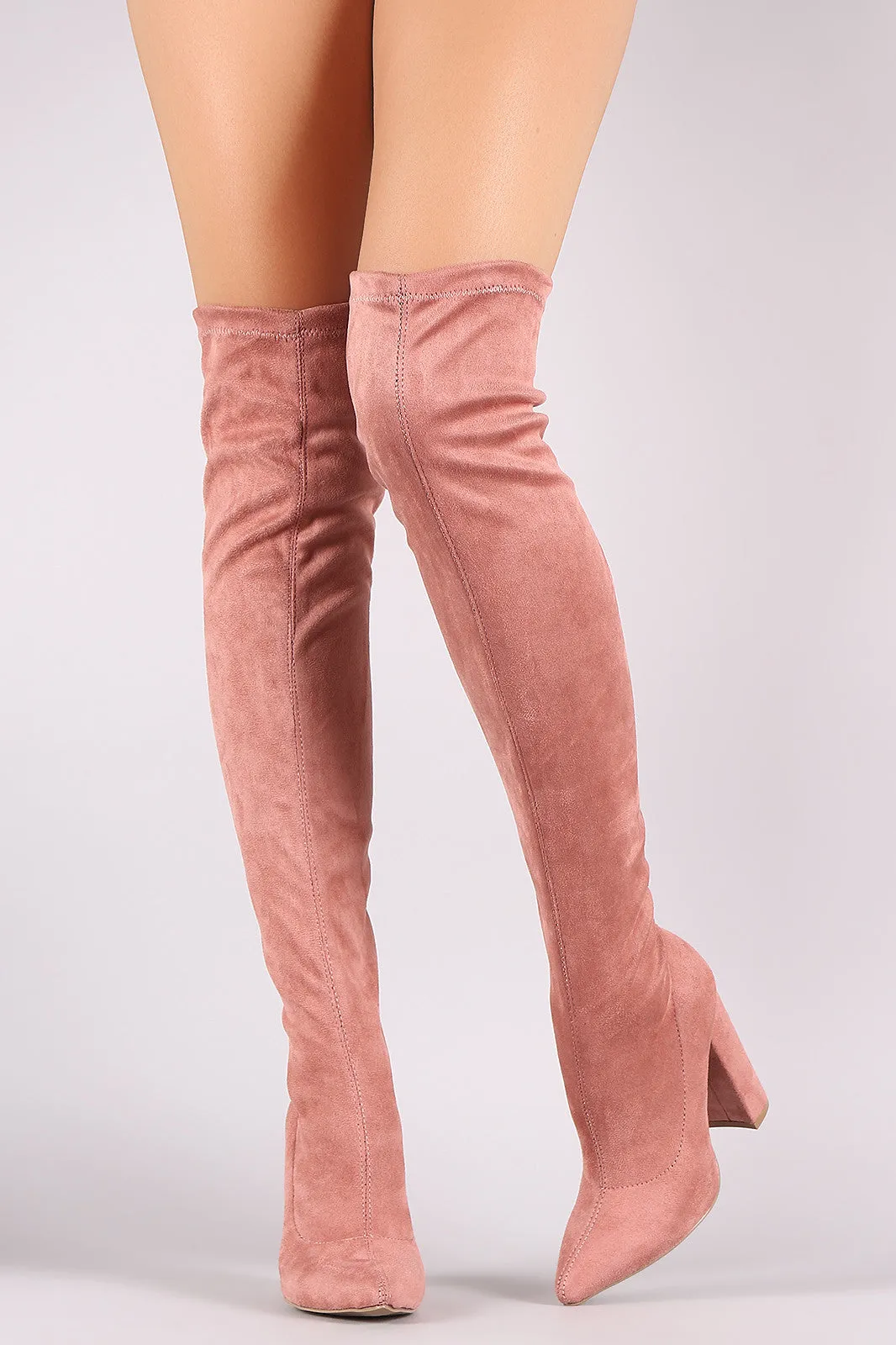 Qupid Fitted Suede Pointy Toe Chunky Heeled Over-The-Knee Boots