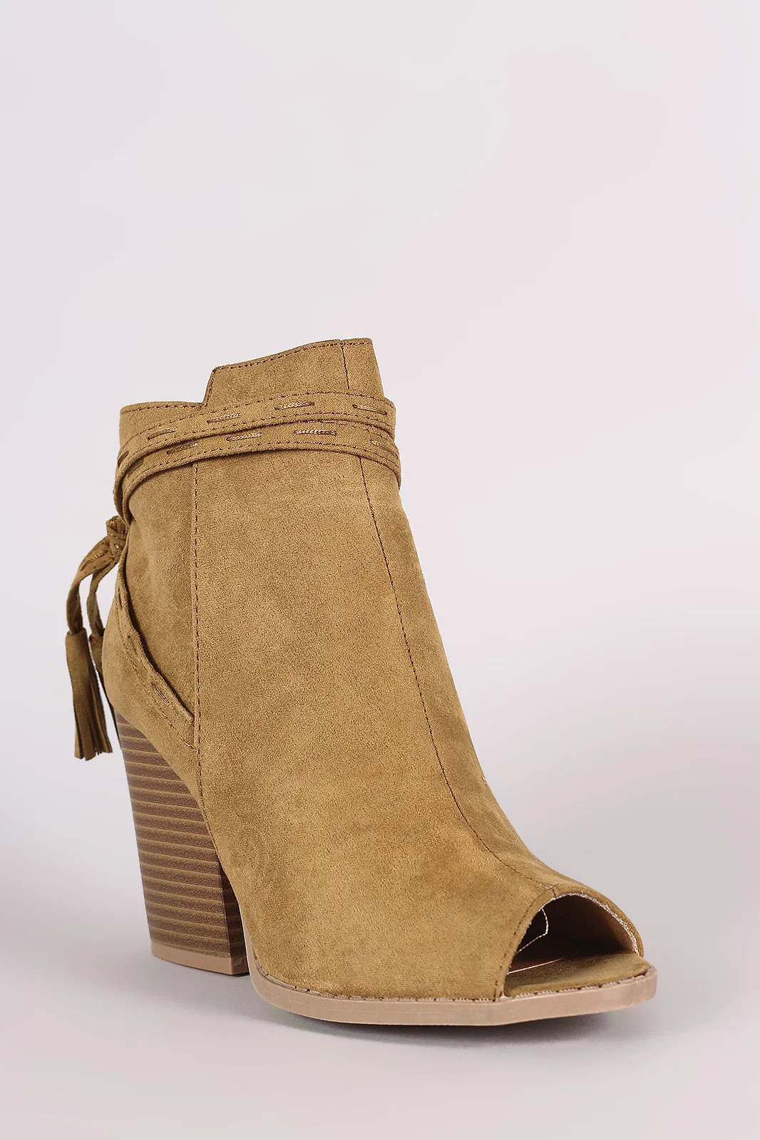 Qupid Wrap Tassel Peep Toe Booties