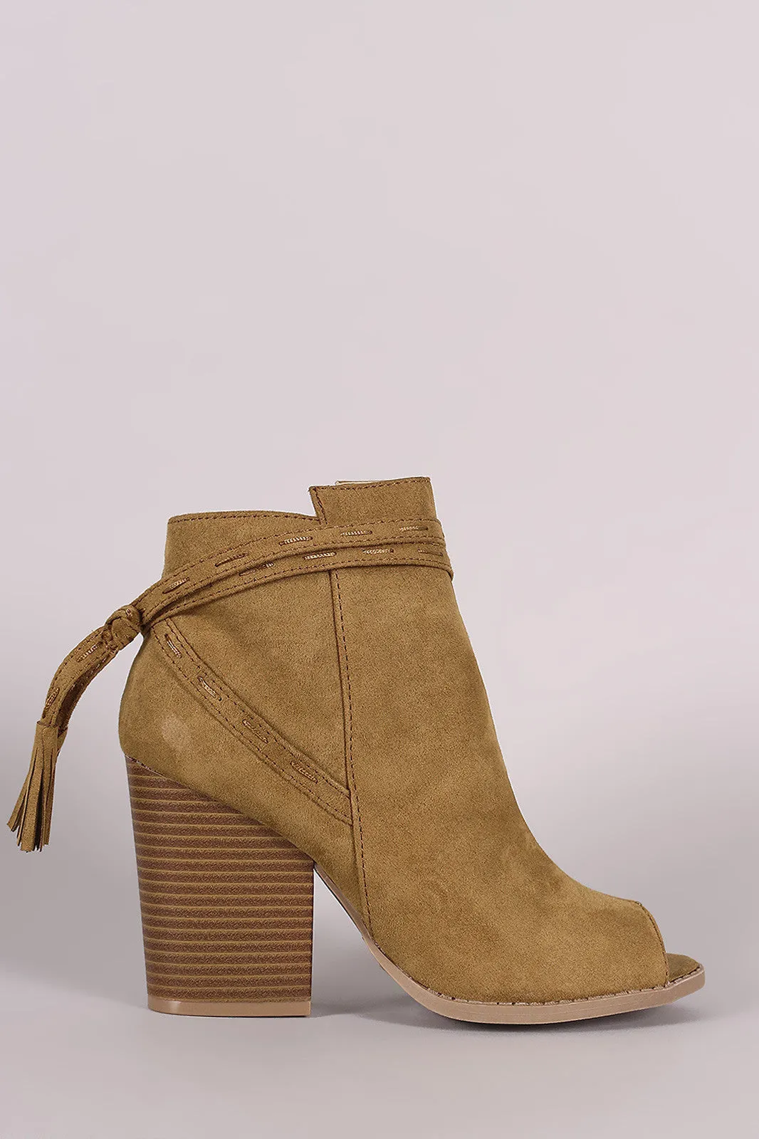 Qupid Wrap Tassel Peep Toe Booties