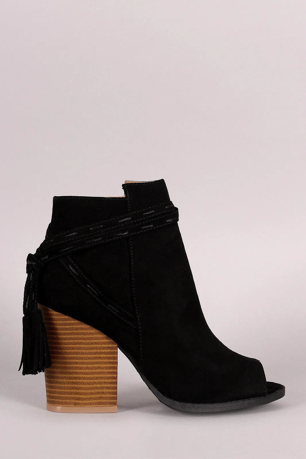 Qupid Wrap Tassel Peep Toe Booties