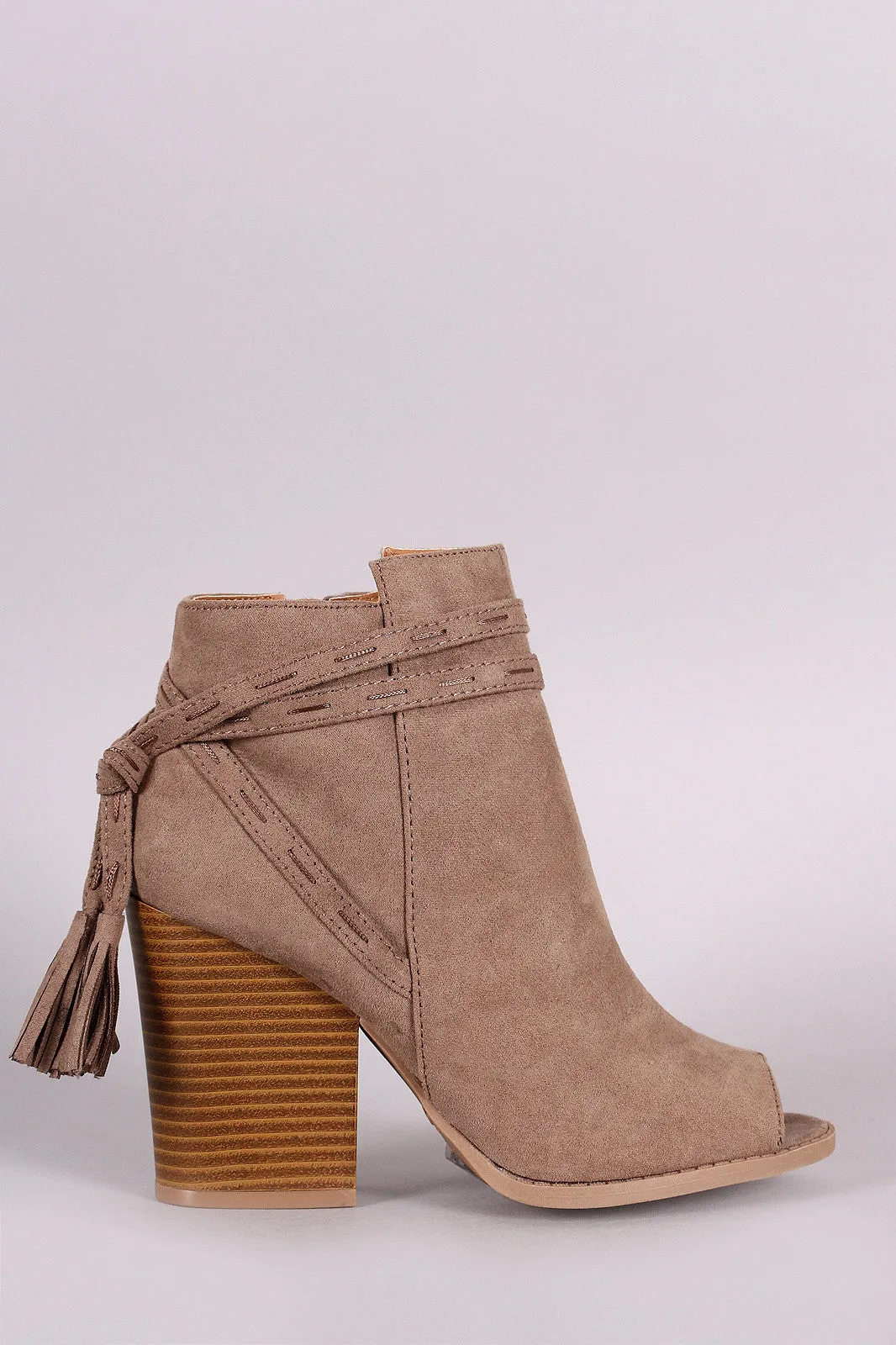 Qupid Wrap Tassel Peep Toe Booties