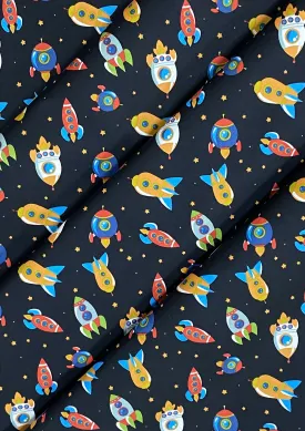 Rockets Spaceships Cotton Print Fabric Space Theme 45" Wide 100% Craft Poplin Dress Material D#141 - Black