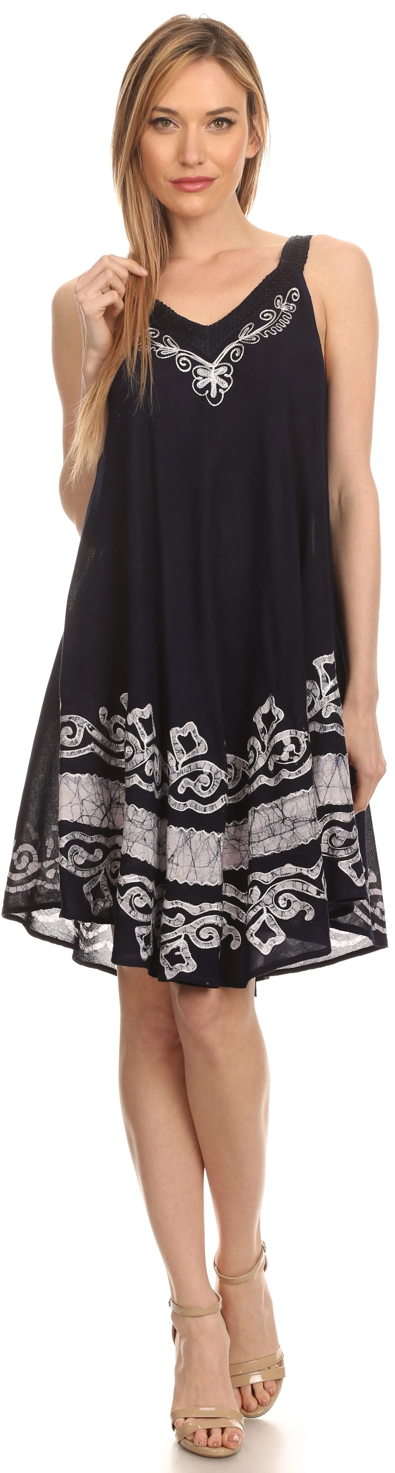 Sakkas Gasha Sleeveless Mid Length Caftan Dress With Embroidery Details And V Neck