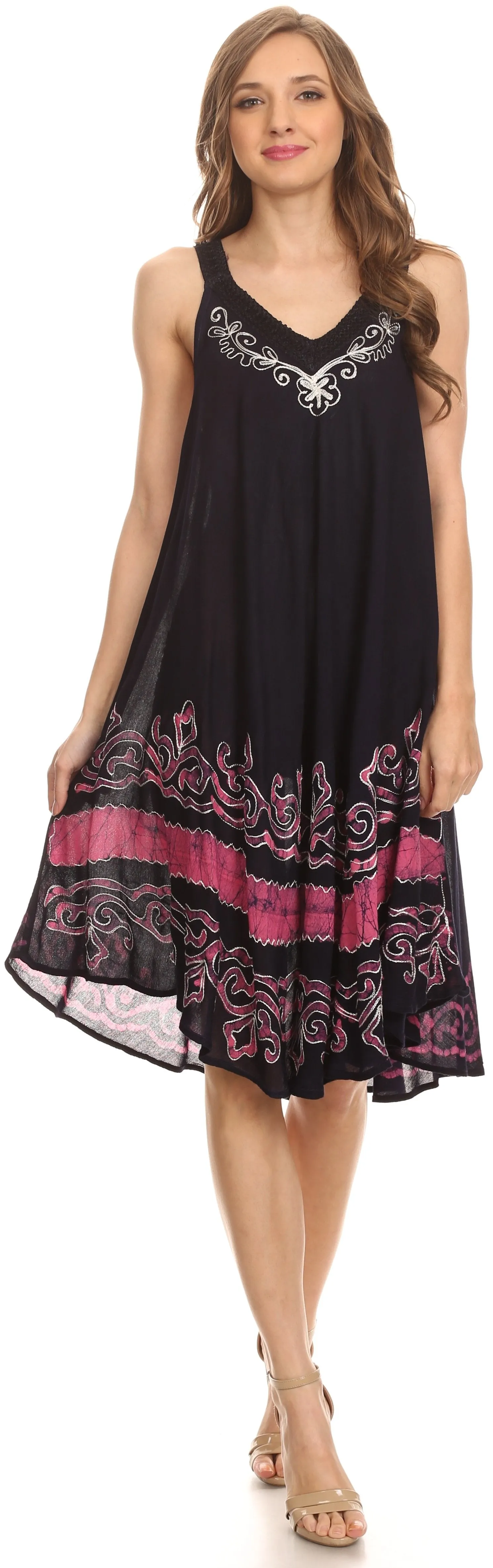 Sakkas Gasha Sleeveless Mid Length Caftan Dress With Embroidery Details And V Neck